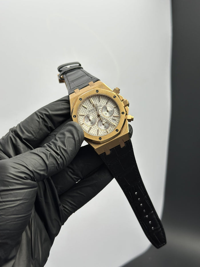 AP Royal Oak Chronograph 41mm Leather Black Strap Black Strap White Dial Rosegold Bezel
