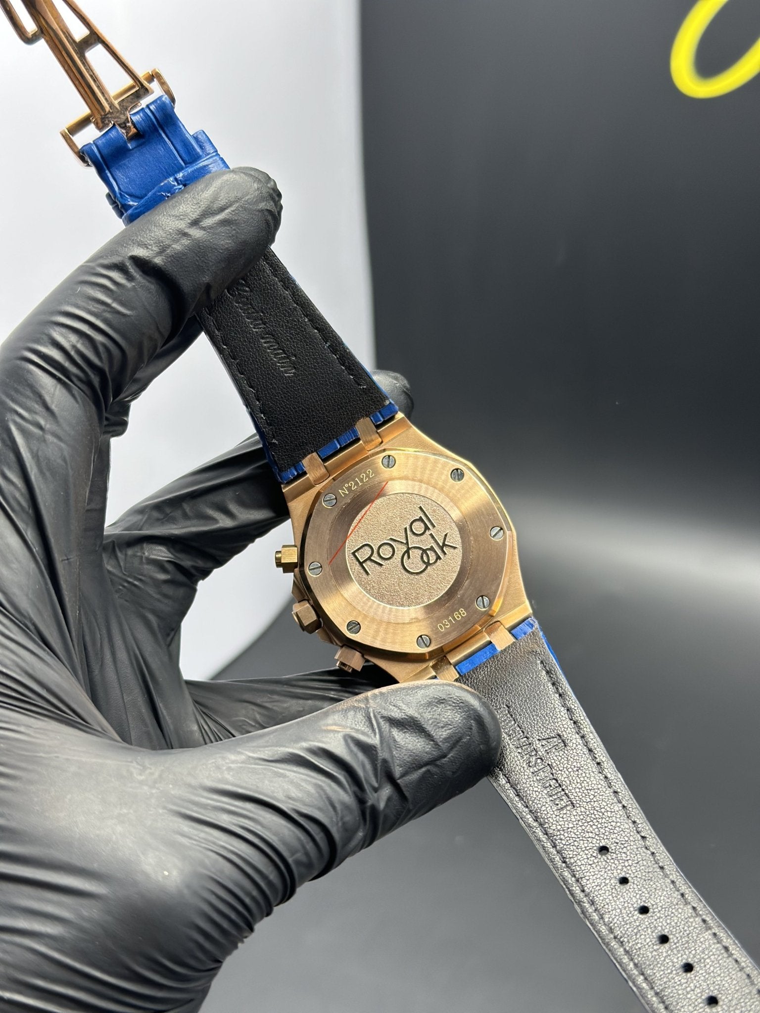 Audemars Piguet Royal Oak Chronograph 41mm Leather Blue Strap Royal Blue Strap Blue Orange Dial Rosegold Bezel – men’s watch