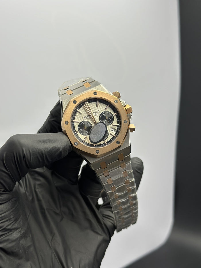 AP Royal Oak Chronograph 41mm Stainless Steel Silver-Rosegold 2 Tone Bracelet White Black Dial