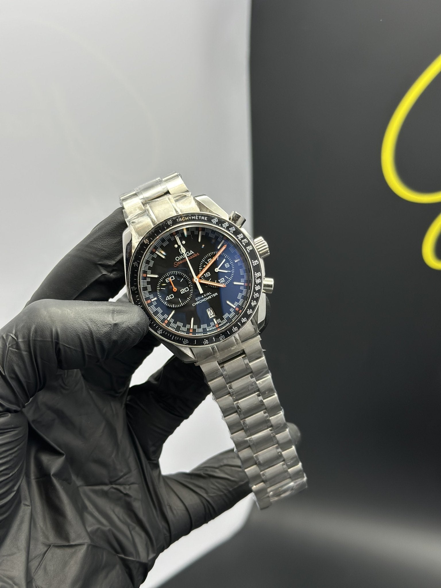 Omega Bracelet Speedmaster (Chronograph Quartz) Silver Bracelet Black Orange 2 Chronographs Date Dial – men’s watch