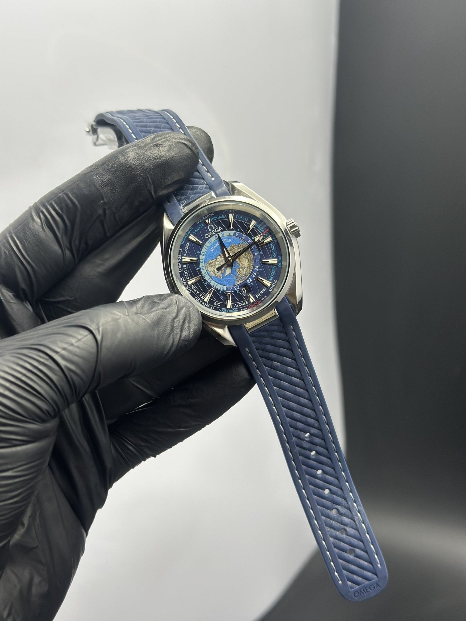 Omega Strap Seamaster (Automatic) Blue Strap World Timer Black Dial – men’s watch