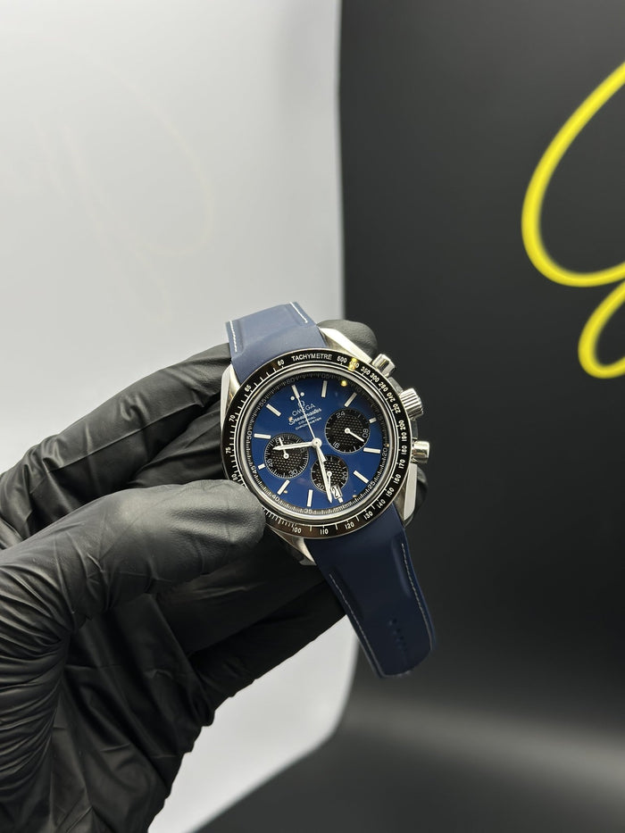 OMGA Strap Speedmaster (Chronograph Quartz) Blue Strap Blue Dial Black Bezel