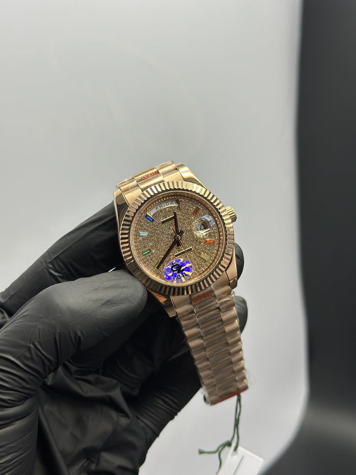 OZ Factory RLX Daydate 40mm Stainless Steel Rosegold Presidential Bracelet Rosegold Stoned Dial
