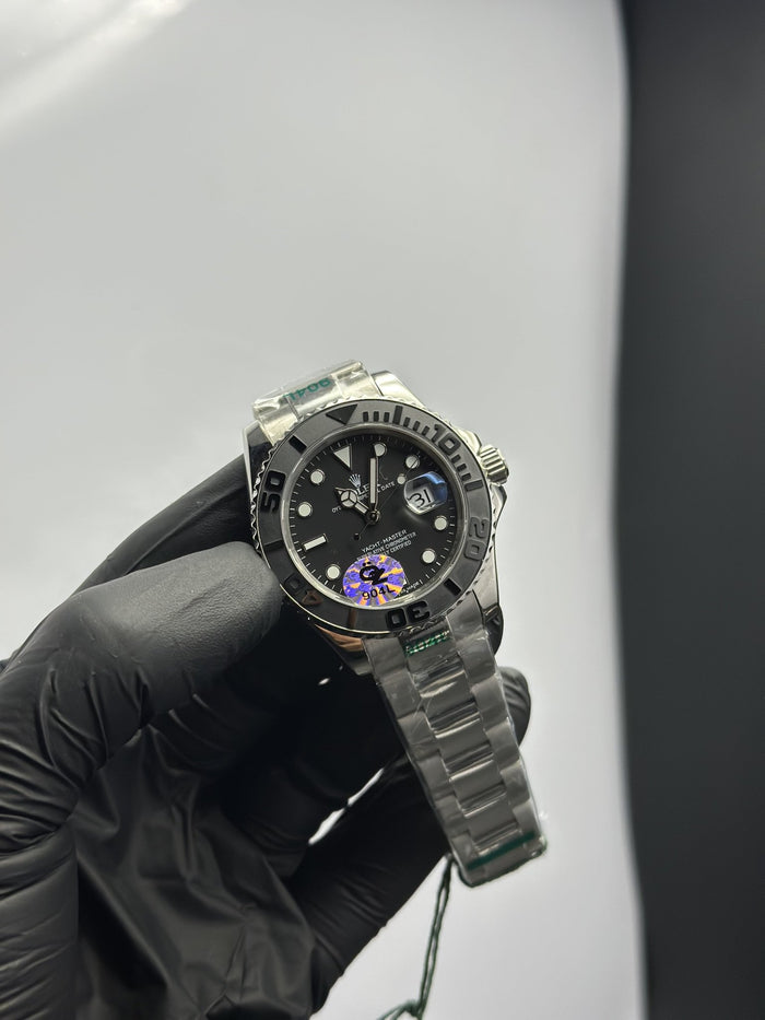 OZ Factory RLX Yacht Master 40mm Stainless Steel Silver Oyster Bracelet Black Dial Black Bezel