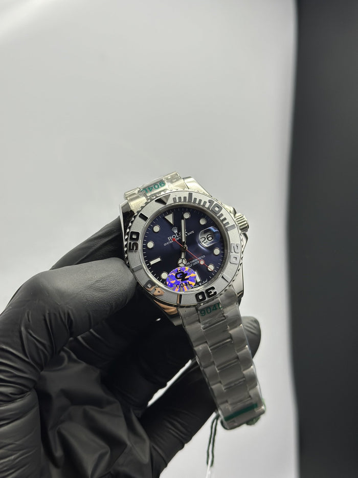 OZ Factory RLX Yacht Master 40mm Stainless Steel Silver Oyster Bracelet Blue Dial Silver Bezel
