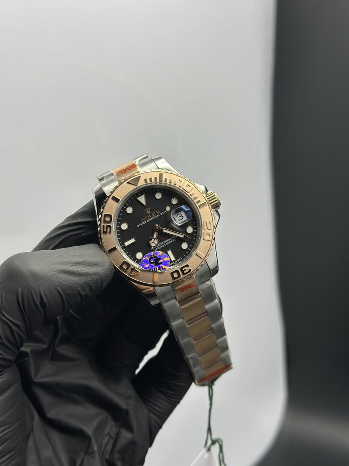 OZ Factory RLX Yacht Master 40mm Stainless Steel Silver-Rosegold 2 Tone Oyster Bracelet Black Dial Rosegold Bezel