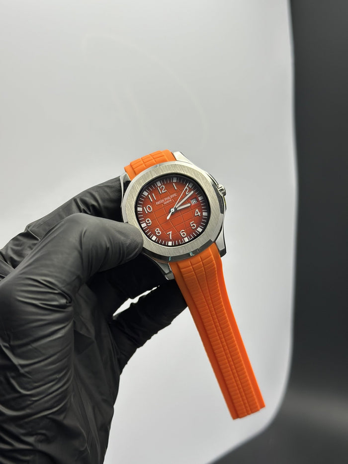 PP Aquanaut 41mm Silicone Strap Orange Strap Orange Dial Silver Bezel