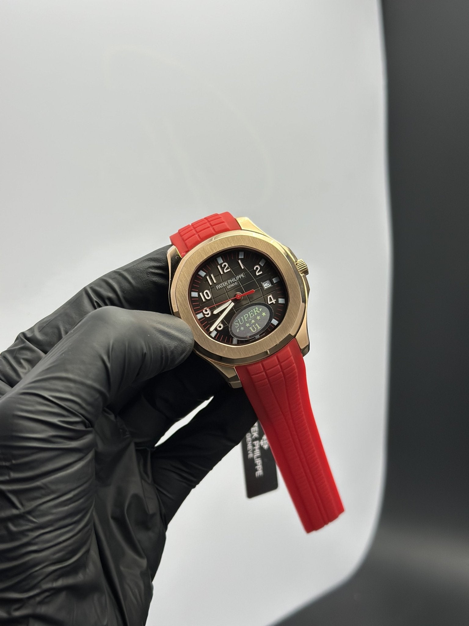 Patek Philippe Aquanaut 41mm Silicone Strap Red Strap Brown Dial Rosegold Bezel – men’s watch