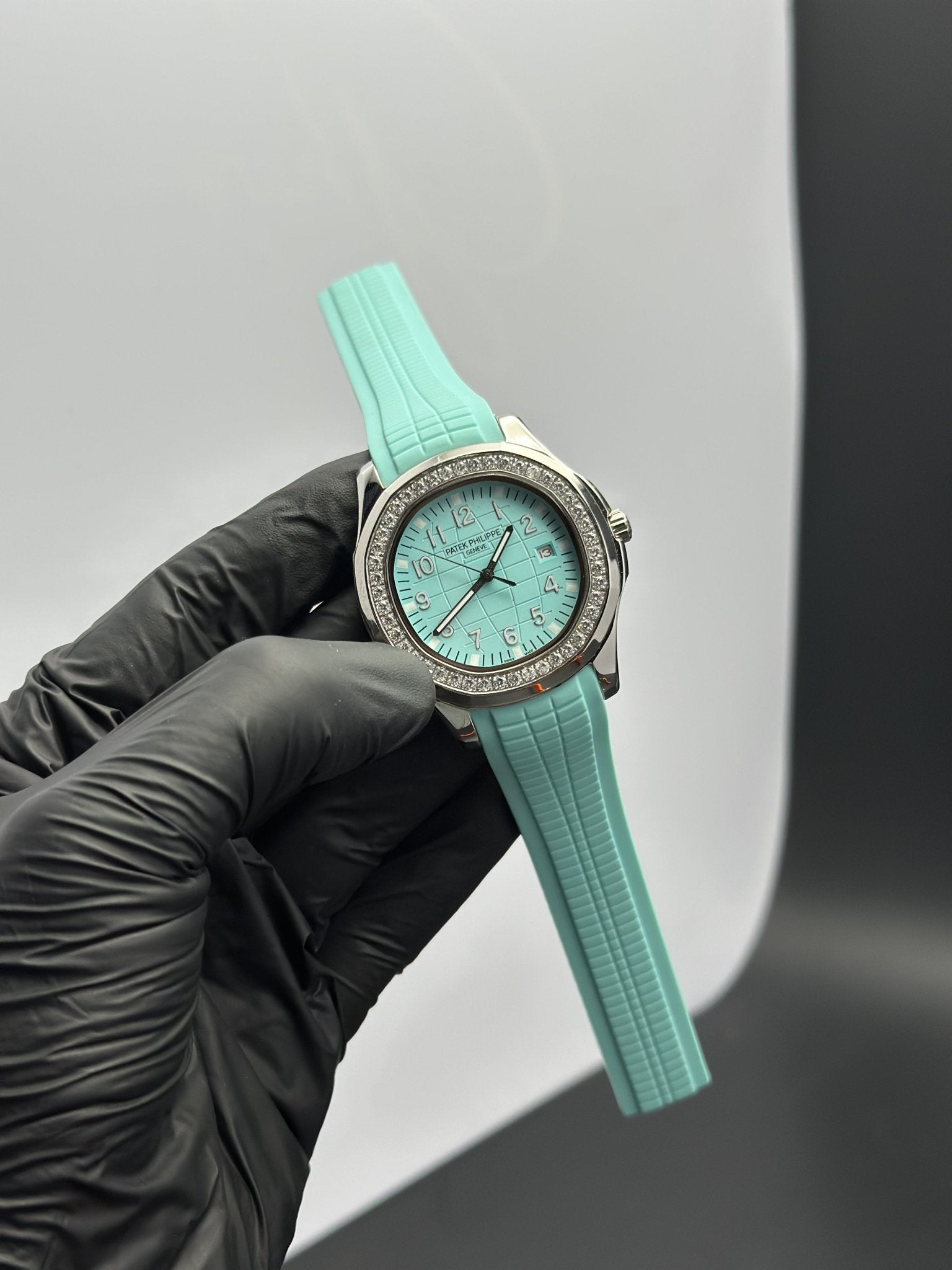 Patek Philippe Aquanaut 41mm Silicone Strap Stoned Bezel Aqua Strap Aqua Dial Silver Stoned Bezel – men’s watch
