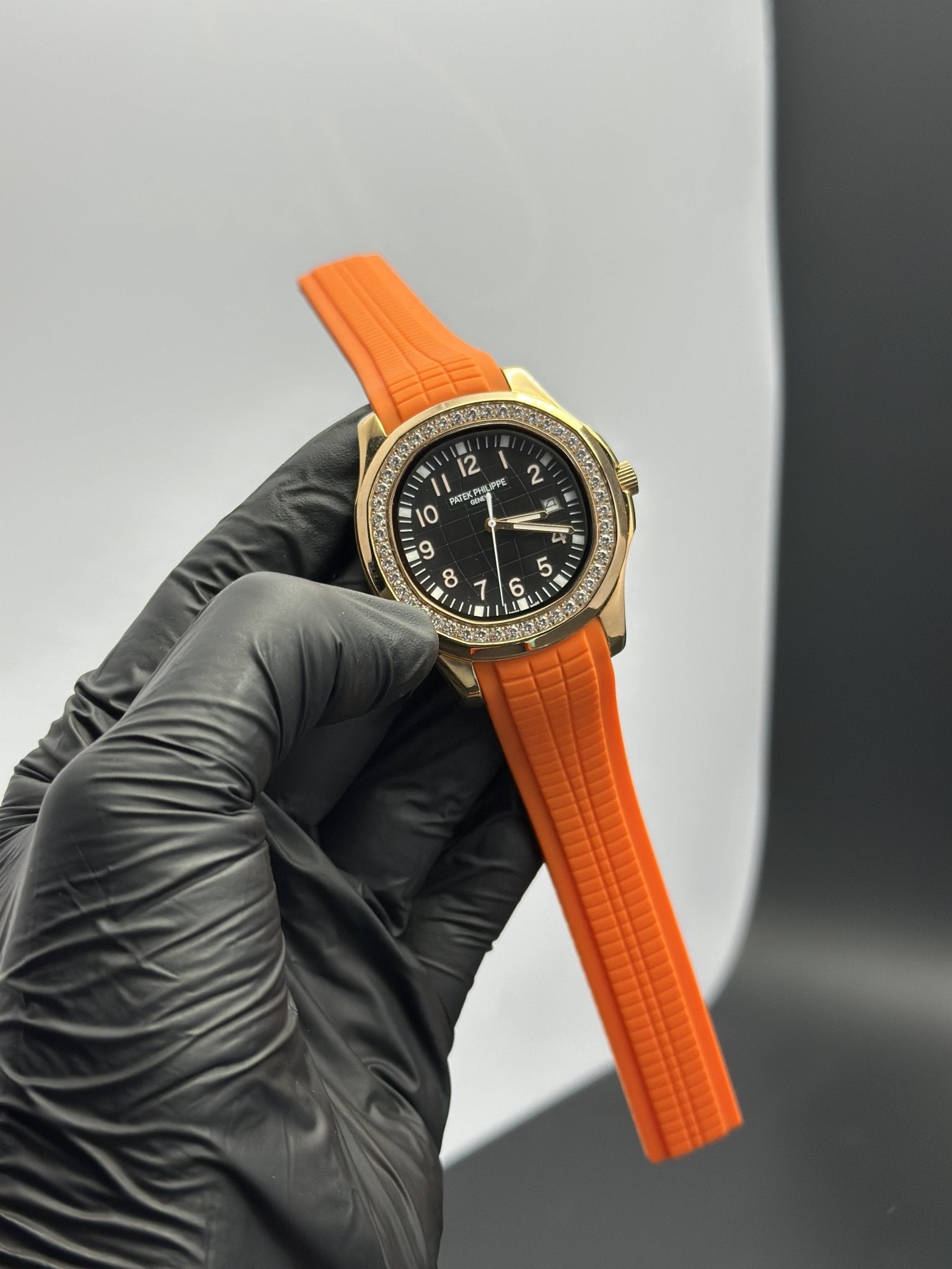 Patek Philippe Aquanaut 41mm Silicone Strap Stoned Bezel Orange Strap Black Dial Gold Stoned Bezel – men’s watch