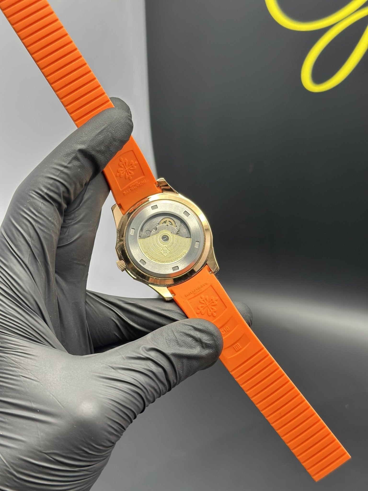 Patek Philippe Aquanaut 41mm Silicone Strap Stoned Bezel Orange Strap Orange Dial Silver Stoned Bezel – men’s watch