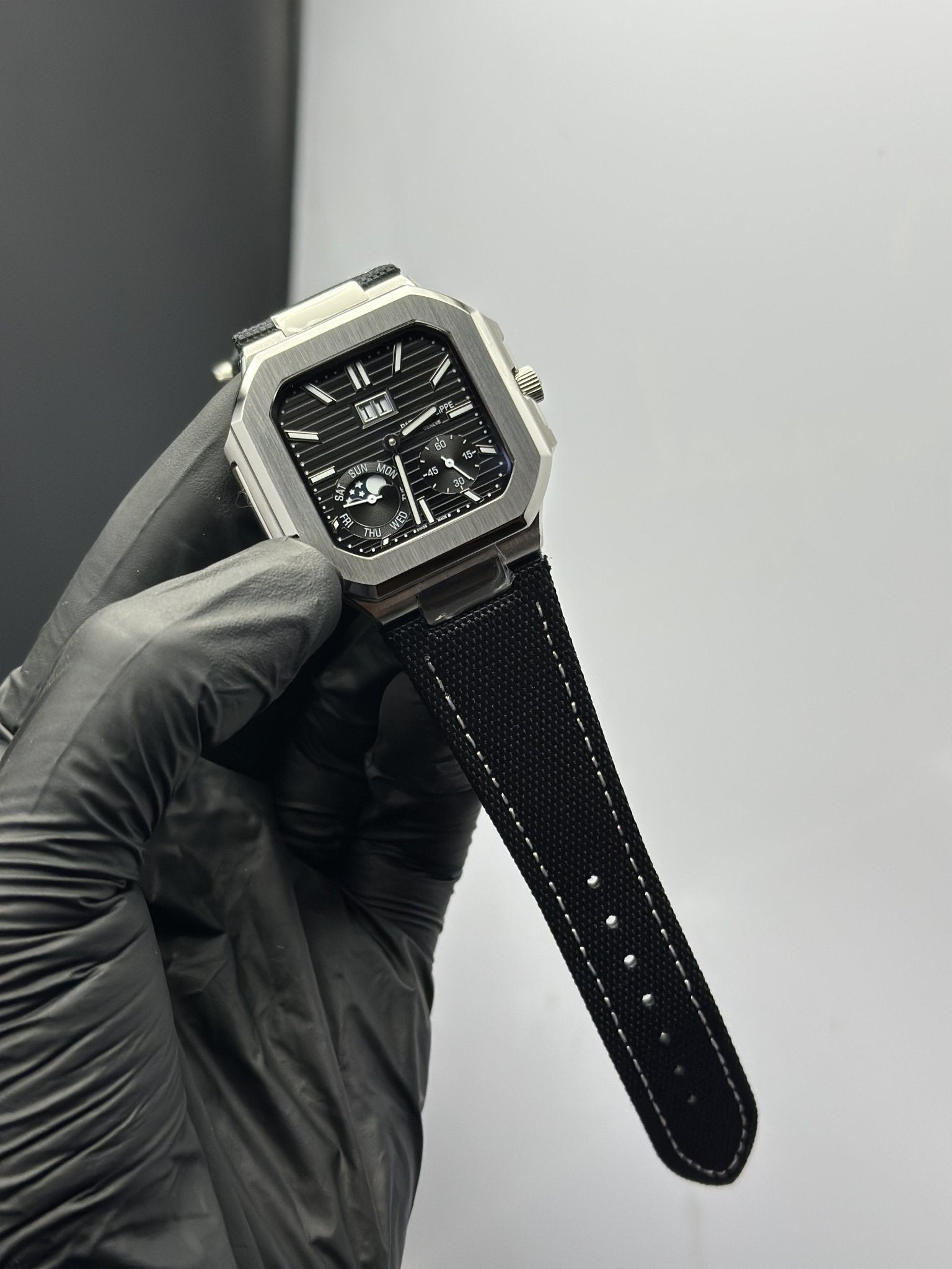 Patek Philippe Cubitus Power Reserve 40mm Leather Strap Black Strap Black Dial Silver Bezel – men’s watch