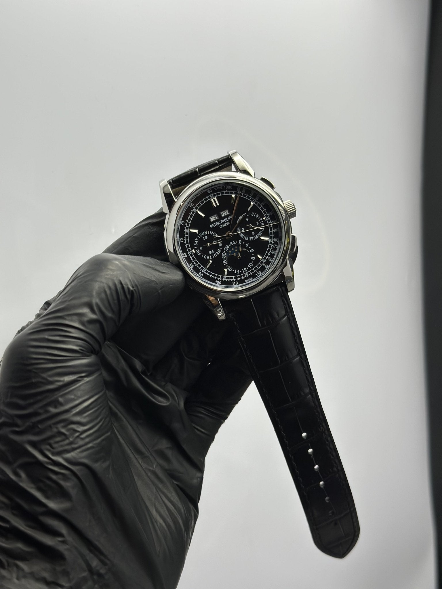 Patek Philippe Leather Strap Classy Watches Black Strap Black Dial Silver Bezel Rectangular Chronographs – men’s watch