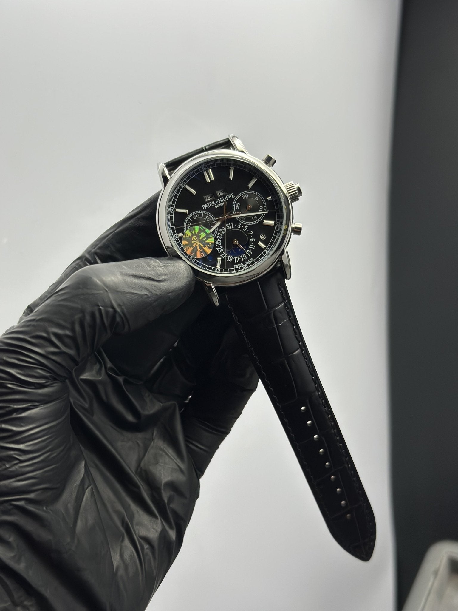 Patek Philippe Leather Strap Classy Watches Black Strap Black Dial Silver Bezel Round Chronographs Special Edition 5 Hands – men’s watch