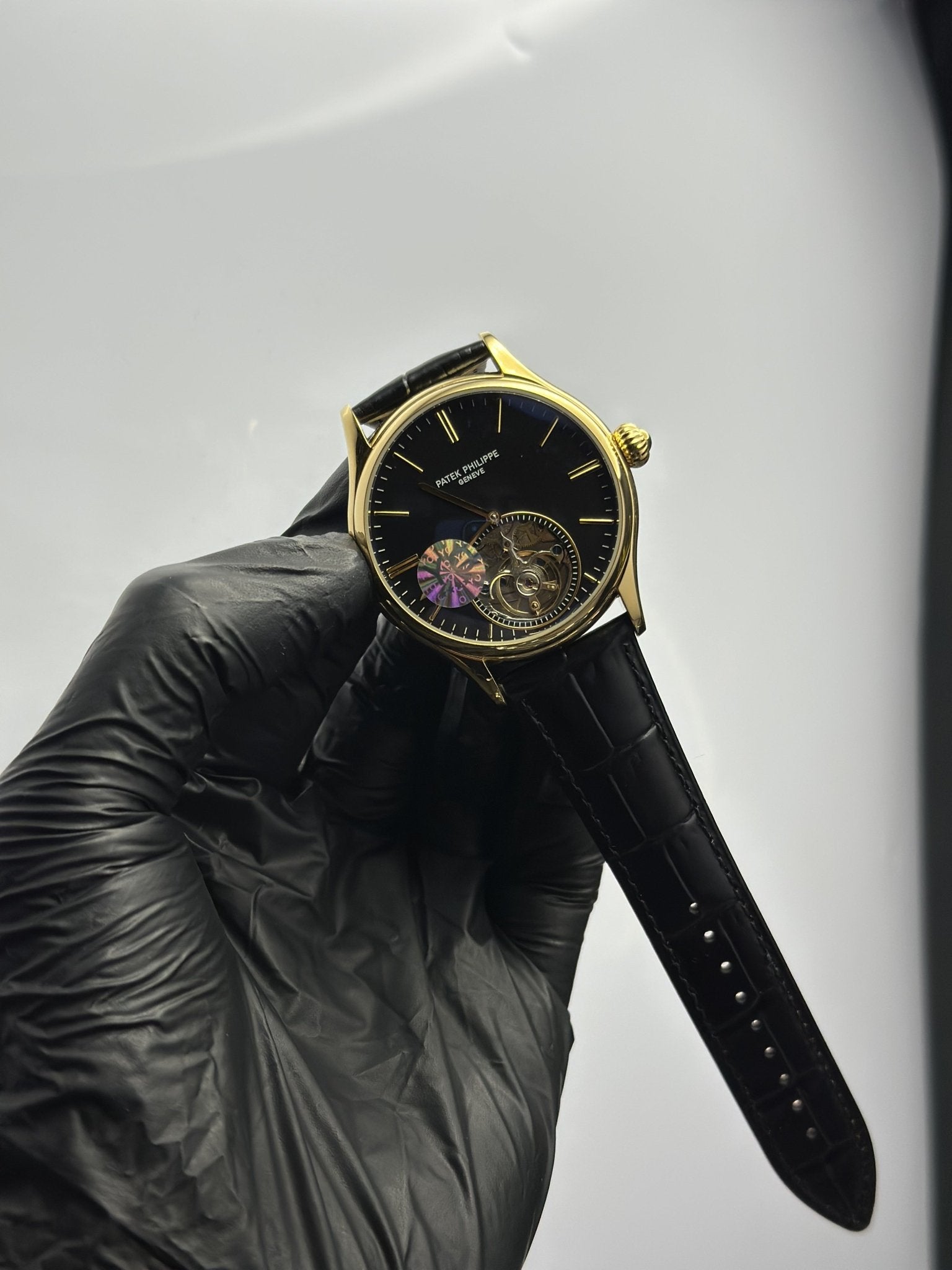 Patek Philippe Leather Strap Classy Watches Black Strap Black Pendulum Dial Gold Bezel – men’s watch