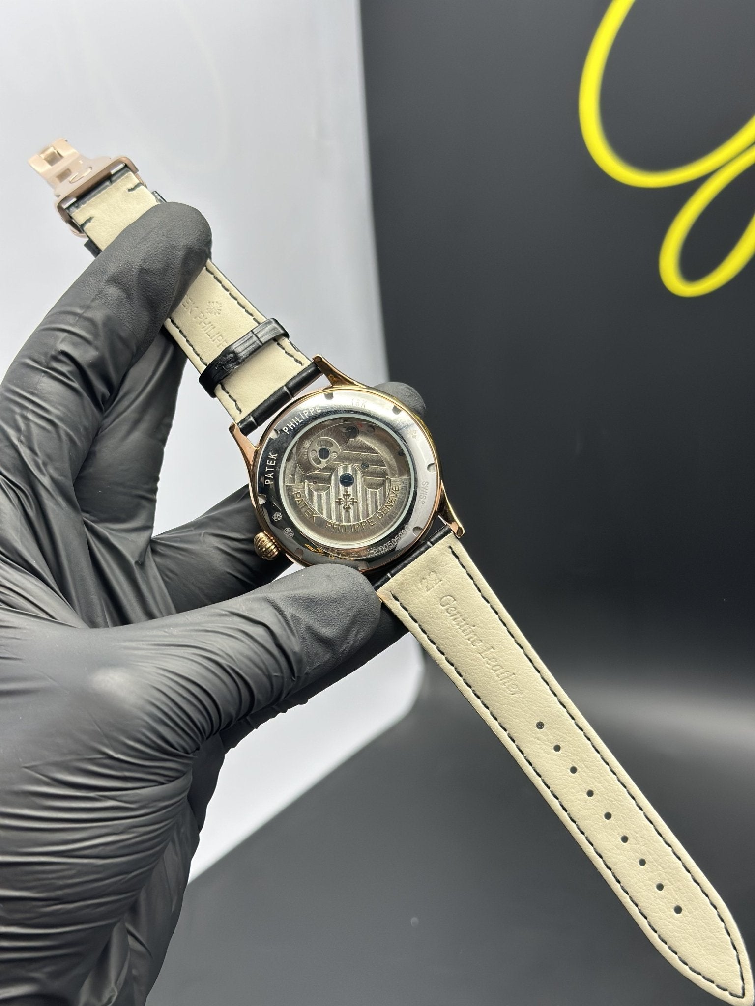 Patek Philippe Leather Strap Classy Watches Black Strap Black Pendulum Textured Dial Rosegold Bezel – men’s watch