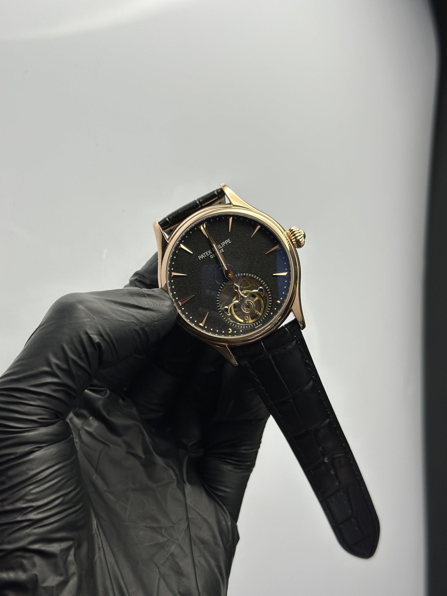 Patek Philippe Leather Strap Classy Watches Black Strap Black Pendulum Textured Dial Rosegold Bezel – men’s watch