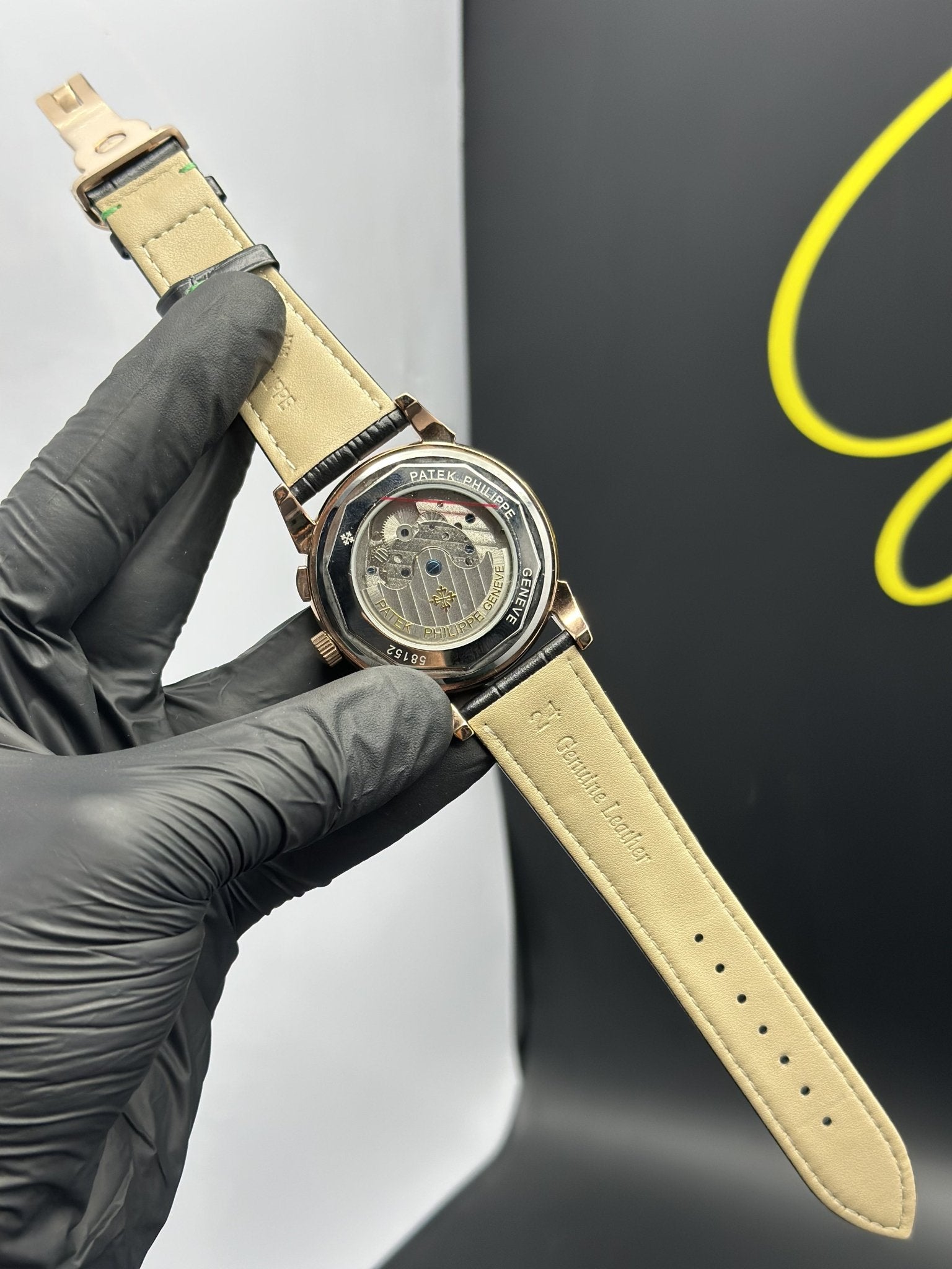 Patek Philippe Leather Strap Classy Watches Black Strap Bottle Green Dial Rosegold Stoned Bezel Rectangular Chronographs – men’s watch