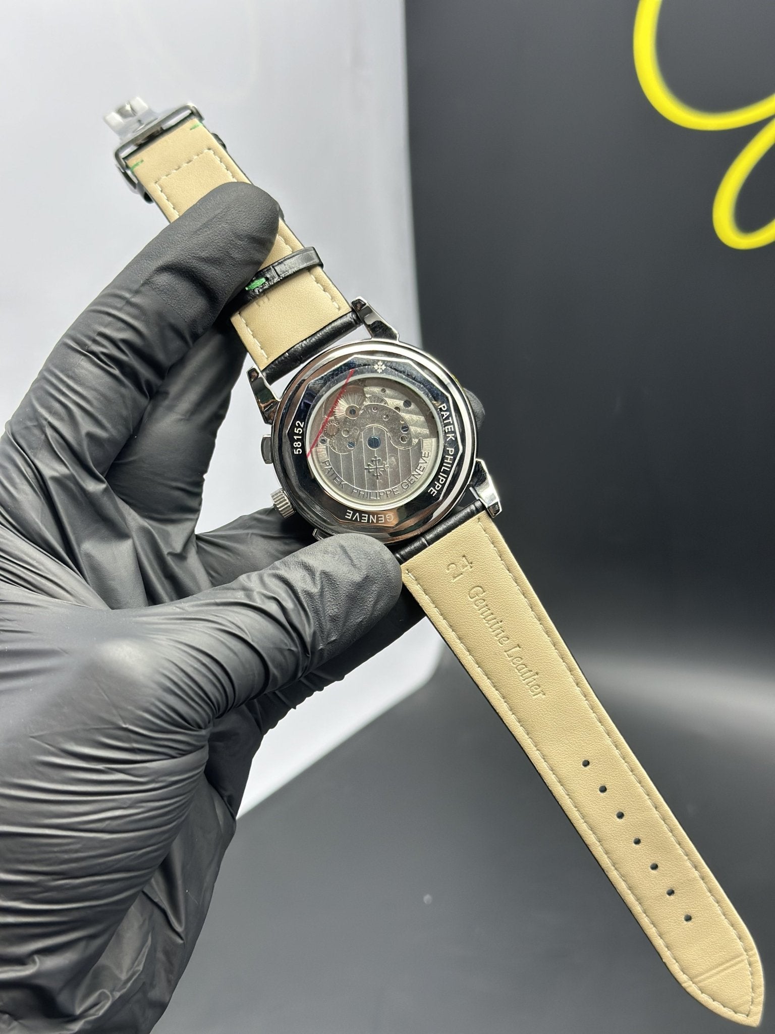 Patek Philippe Leather Strap Classy Watches Black Strap Bottle Green Dial Silver Bezel Rectangular Chronograph – men’s watch