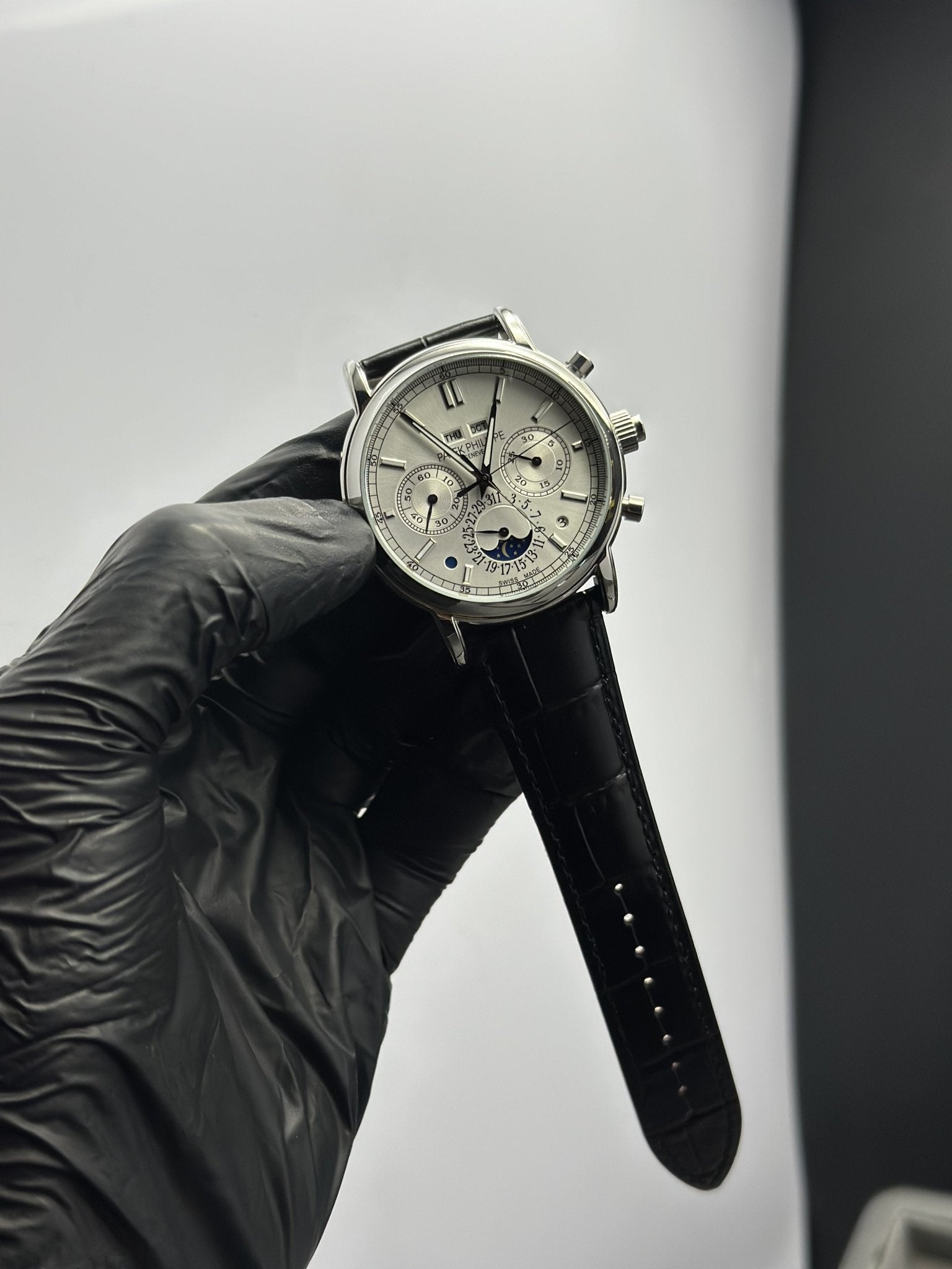 Patek Philippe Leather Strap Classy Watches Black Strap White Dial Silver Bezel Round Chronographs Special Edition 5 Hands – men’s watch