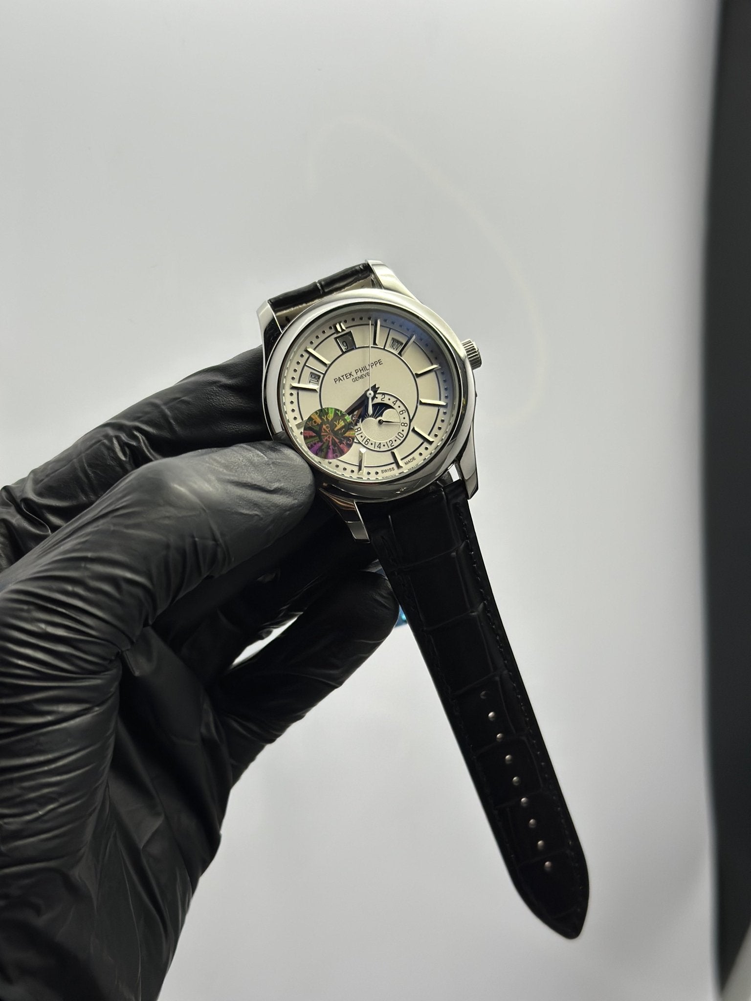 Patek Philippe Leather Strap Classy Watches Black Strap White Flyback Dial Silver Bezel – men’s watch