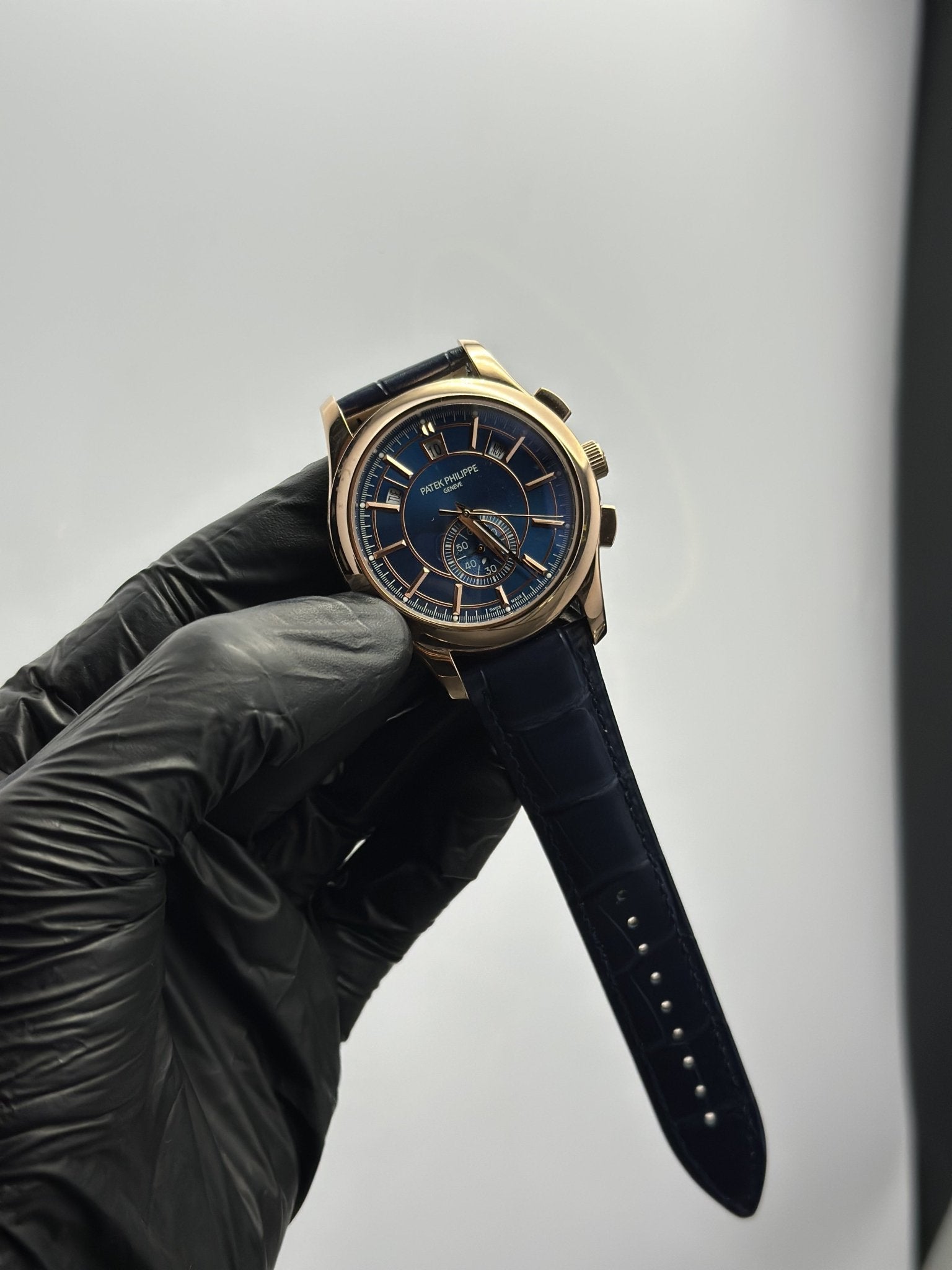 Patek Philippe Leather Strap Classy Watches Blue Strap Blue Flyback Dial Rosegold Bezel Chronograph – men’s watch