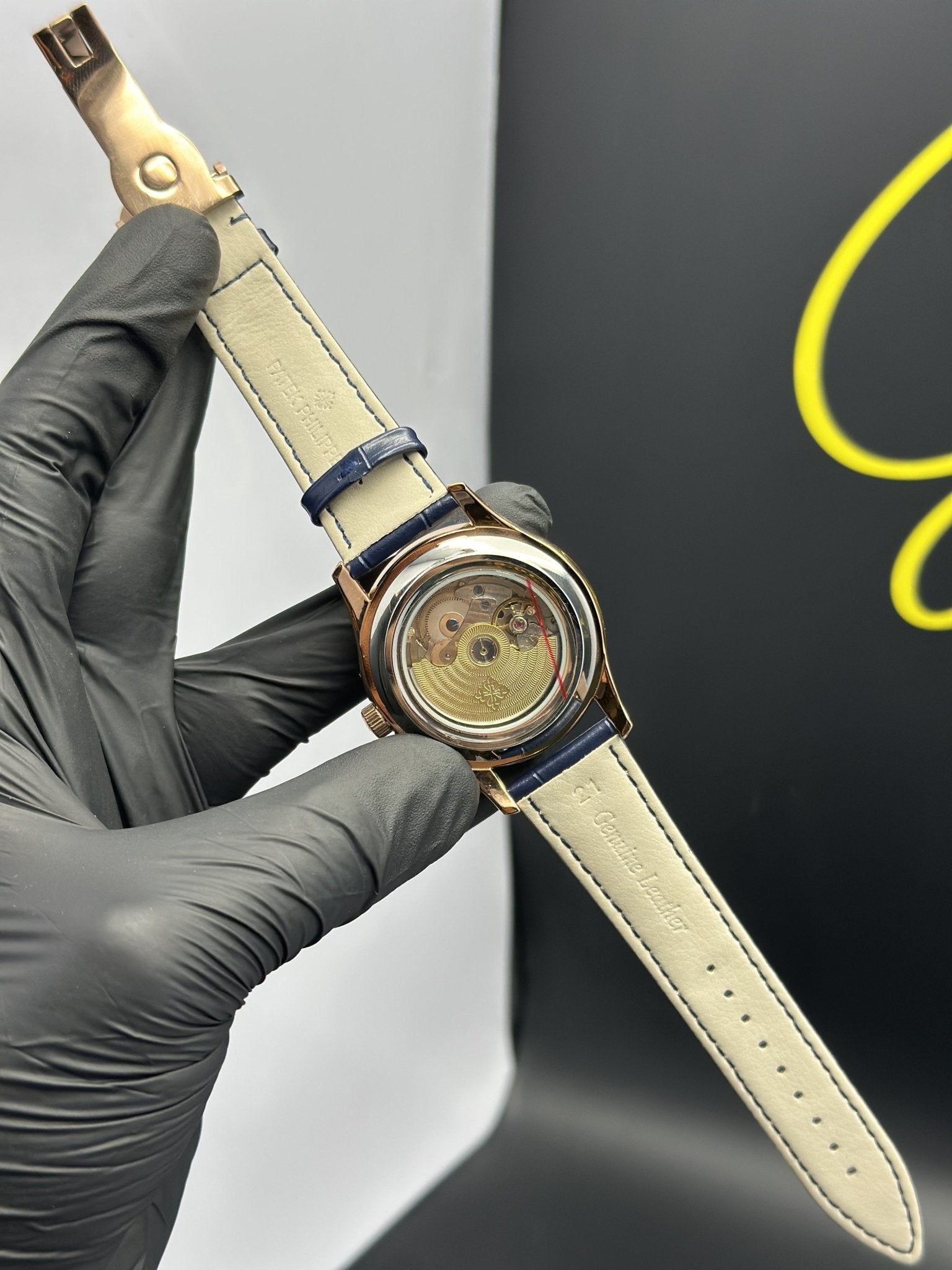 Patek Philippe Leather Strap Classy Watches Blue Strap Blue Flyback Dial Rosegold Bezel – men’s watch