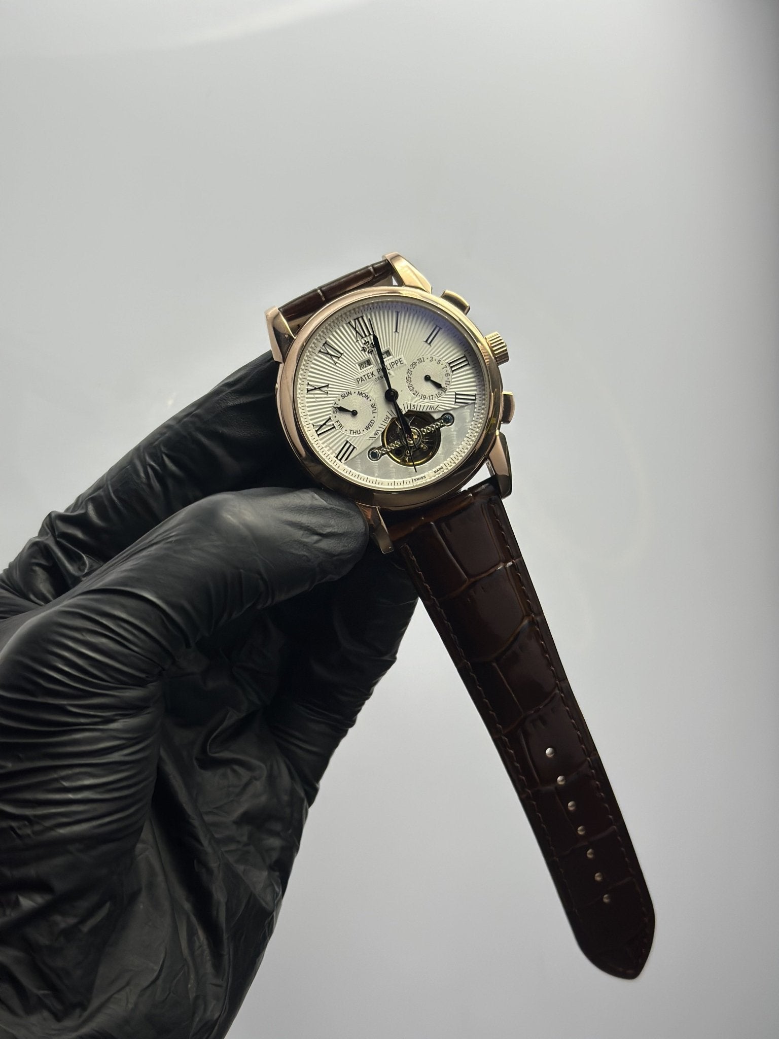 Patek Philippe Leather Strap Classy Watches Brown Strap White Pendulum Dial Rosegold Bezel Rectangular Chronographs – men’s watch