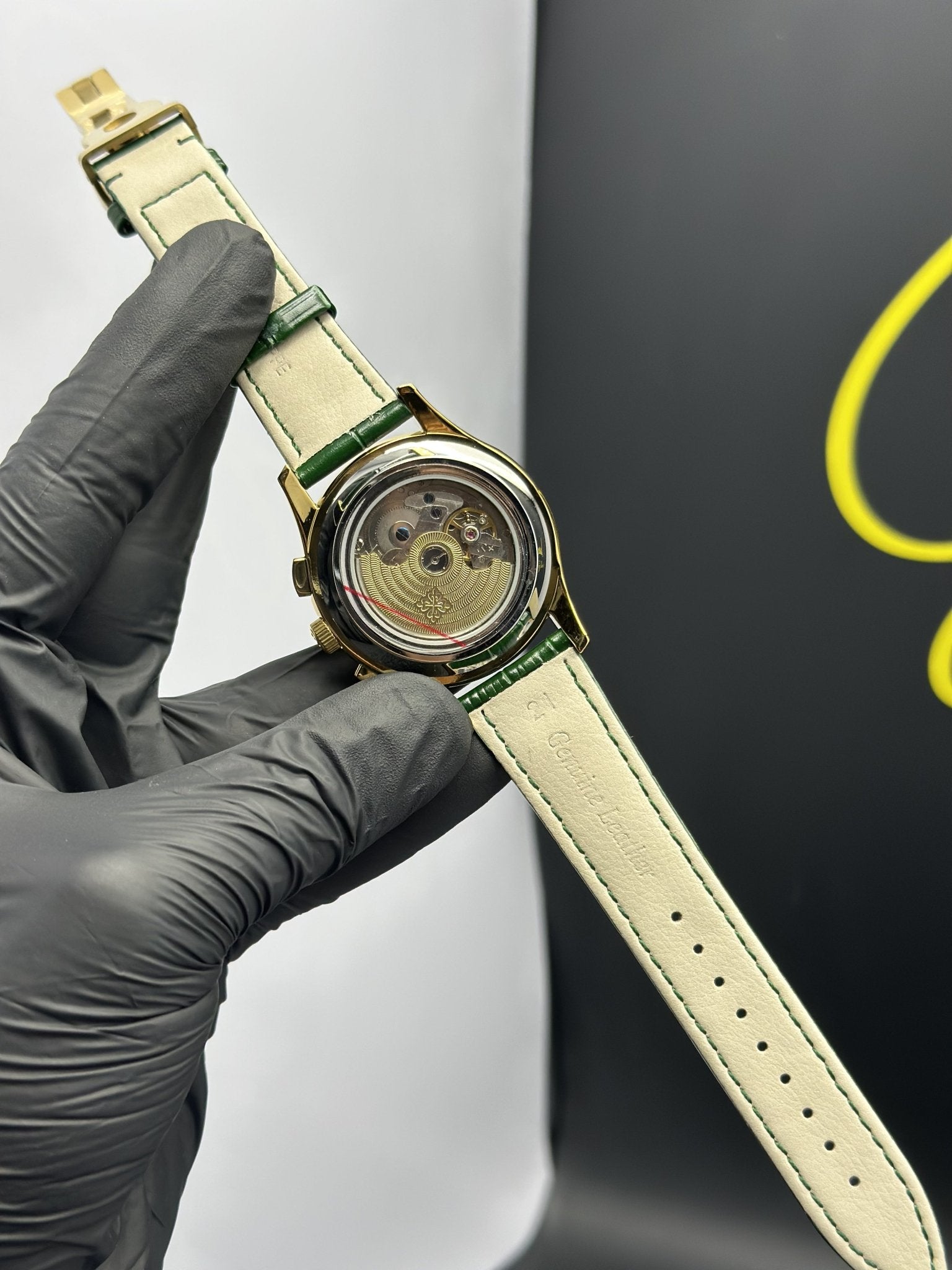 Patek Philippe Leather Strap Classy Watches Green Strap Green Flyback Dial Gold Bezel Chronograph – men’s watch