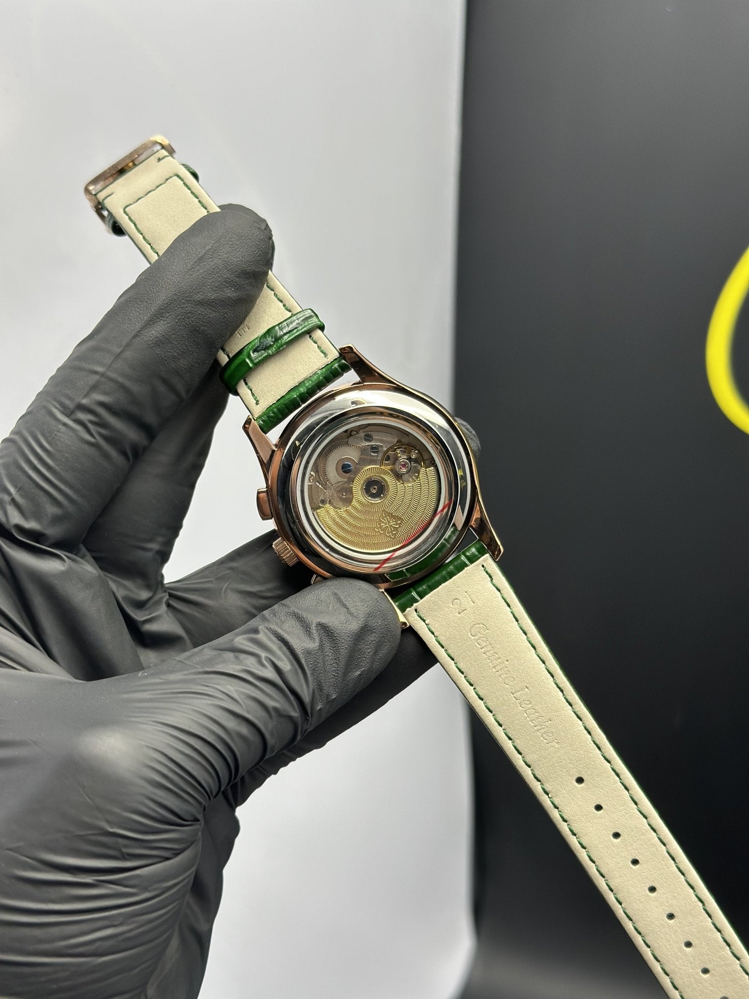 Patek Philippe Leather Strap Classy Watches Green Strap Green Flyback Dial Rosegold Bezel Chronograph – men’s watch