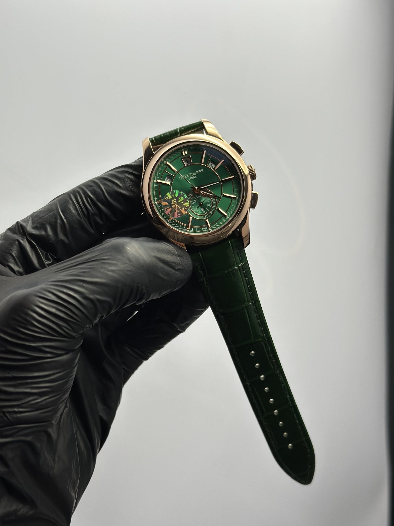 Patek Philippe Leather Strap Classy Watches Green Strap Green Flyback Dial Rosegold Bezel Chronograph – men’s watch
