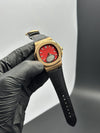 Patek Philippe Nautilus 41mm Leather Strap Black Strap Red Dial Rosegold Bezel – men’s watch