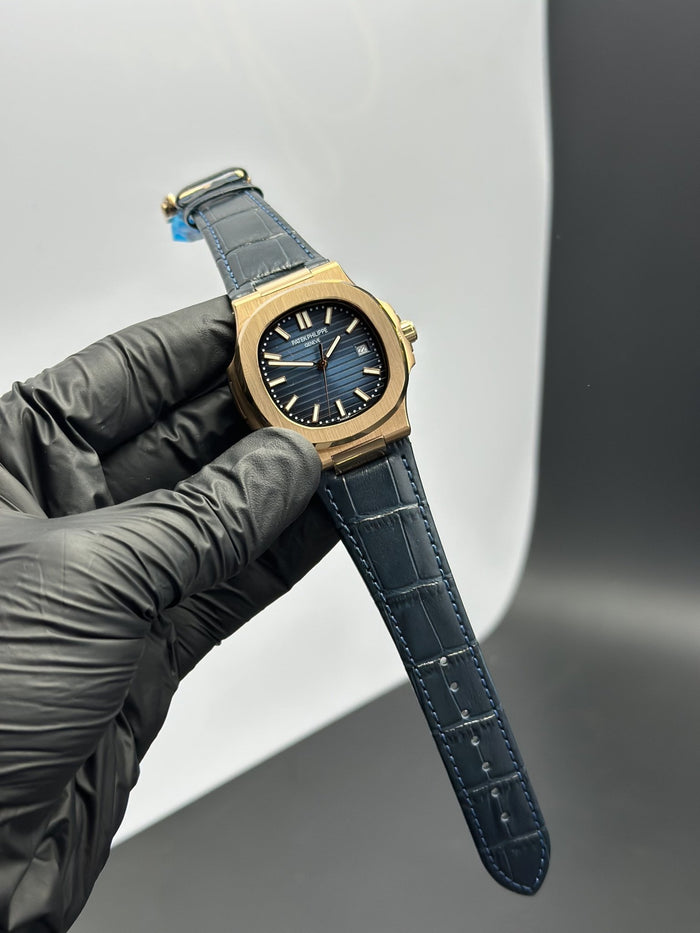 PP Nautilus 41mm Leather Strap Blue Strap Blue Dial Rosegold Bezel