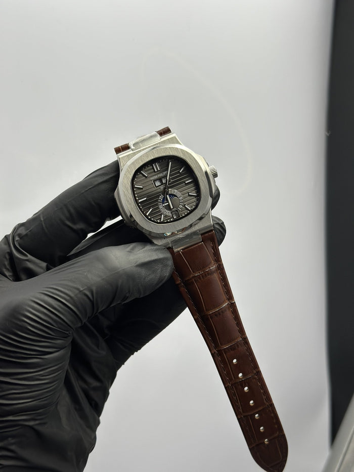 PP Nautilus Annual Calendar 41mm Leather Strap Brown Strap Grey Dial Silver Bezel