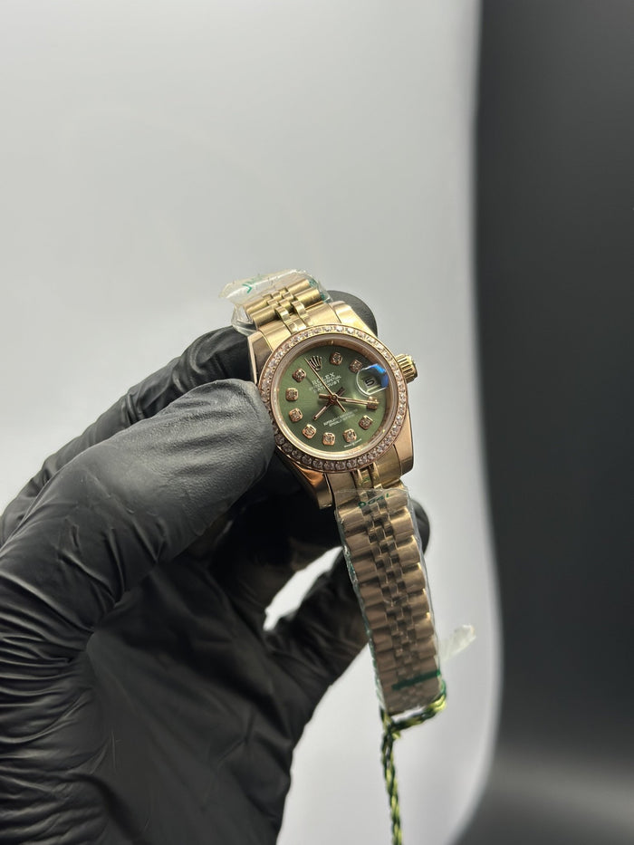 RLX Datejust 28mm Stainless Steel Rosegold Jubilee Bracelet Green Stone Figures Dial Stoned Bezel