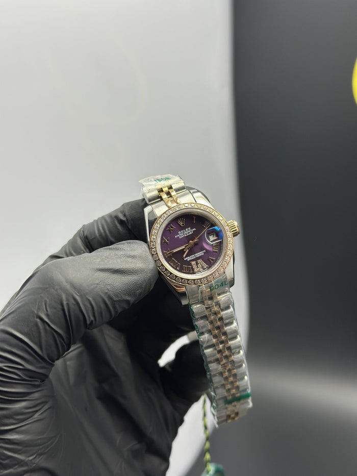 RLX Datejust 28mm Stainless Steel Silver-Rosegold 2 Tone Jubilee Bracelet Purple Stone Figures Dial Stoned Bezel