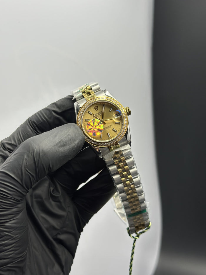 RLX Datejust 31mm Stainless Steel Silver-Gold 2 Tone Jubilee Bracelet Gold Dial Stoned Bezel
