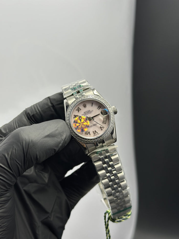 RLX Datejust 31mm Stainless Steel Silver Jubilee Bracelet Baby Pink Roman Figures Dial Stoned Bezel