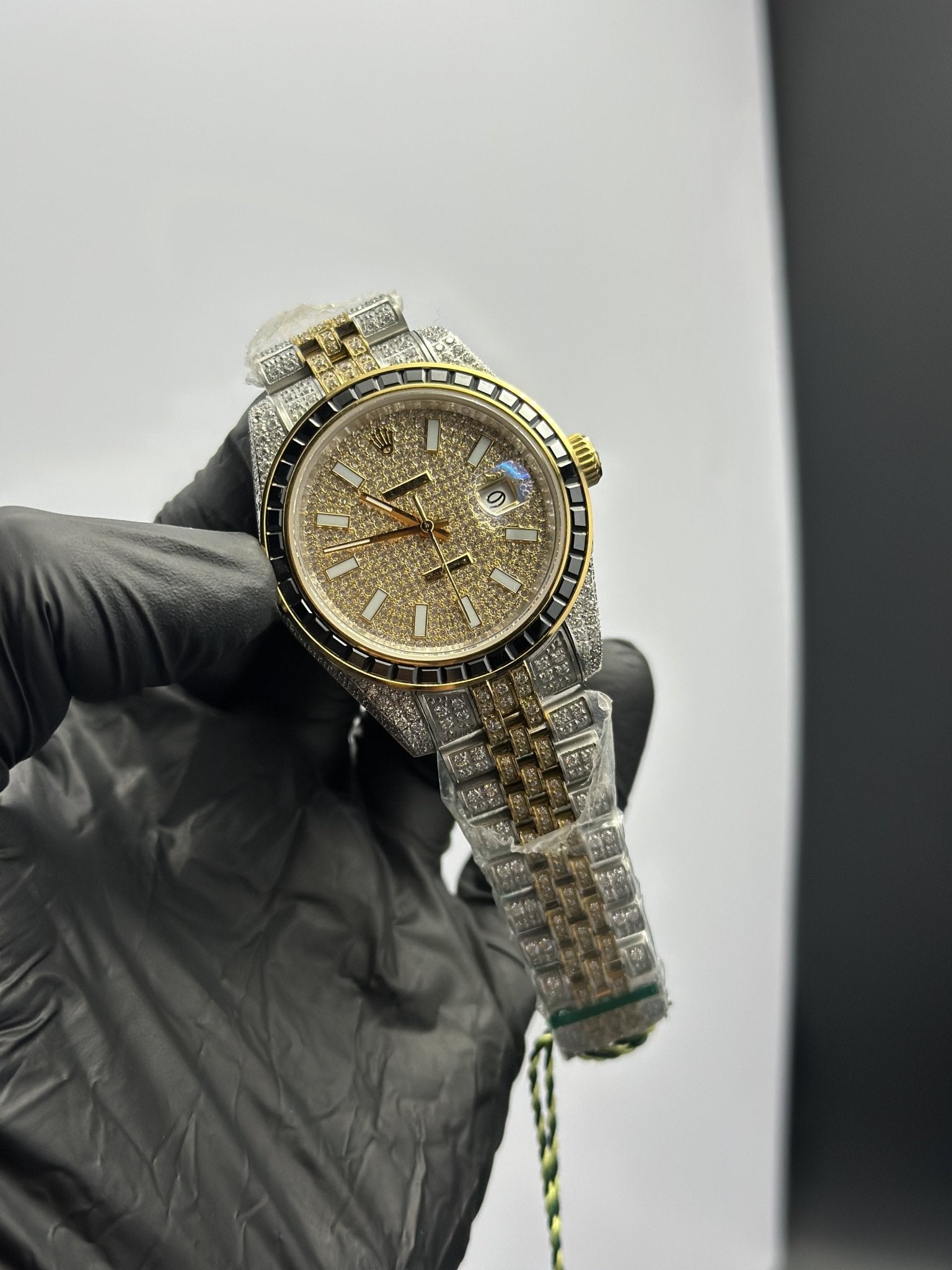 Rolex Datejust 41mm Stainless Steel Silver - Gold 2 Tone Jubilee Bracelet Fully Stoned Gold Stoned Dial Black Stoned Bezel – men’s watch