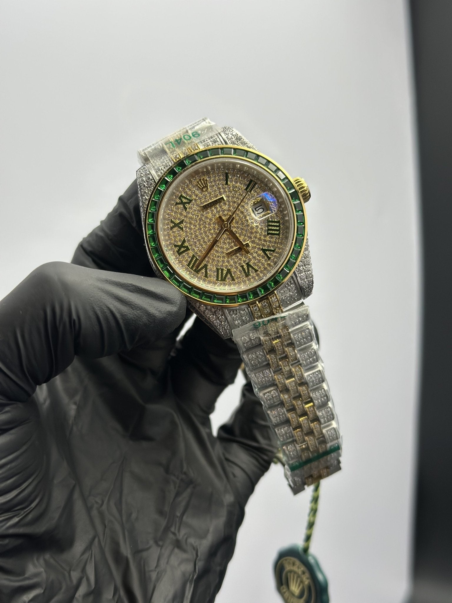Rolex Datejust 41mm Stainless Steel Silver - Gold 2 Tone Jubilee Bracelet Fully Stoned Gold Stoned Dial Green Stoned Bezel – men’s watch