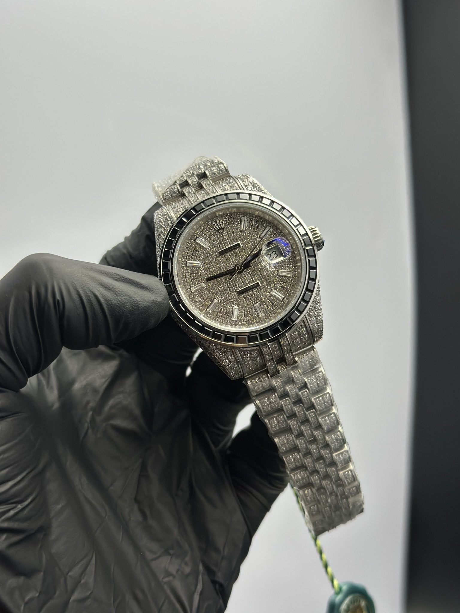 Rolex Datejust 41mm Stainless Steel Silver Jubilee Bracelet Fully Stoned Silver Stoned Dial Black Stoned Bezel – men’s watch