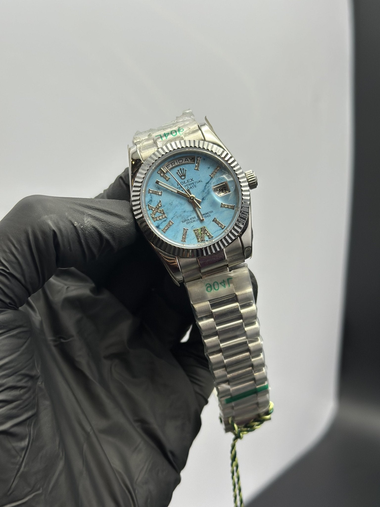 Rolex Daydate 36mm Silver Presidential Bracelet Sky Blue Roman Stone Figures Textured Dial – men’s watch