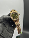 Rolex Daydate 40mm Rosegold Presidential Bracelet Stonned Bezel Olive Green Roman Dial White Stoned Bezel – men’s watch