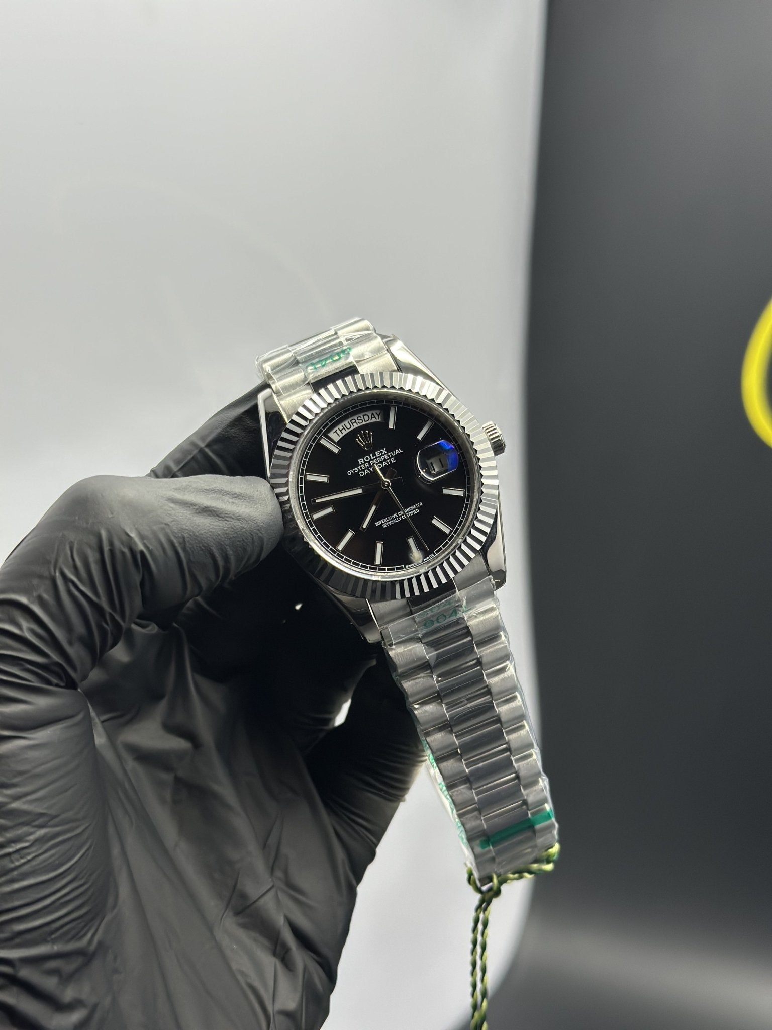 Rolex Daydate 40mm Silver Presidential Bracelet Black Dial – men’s watch