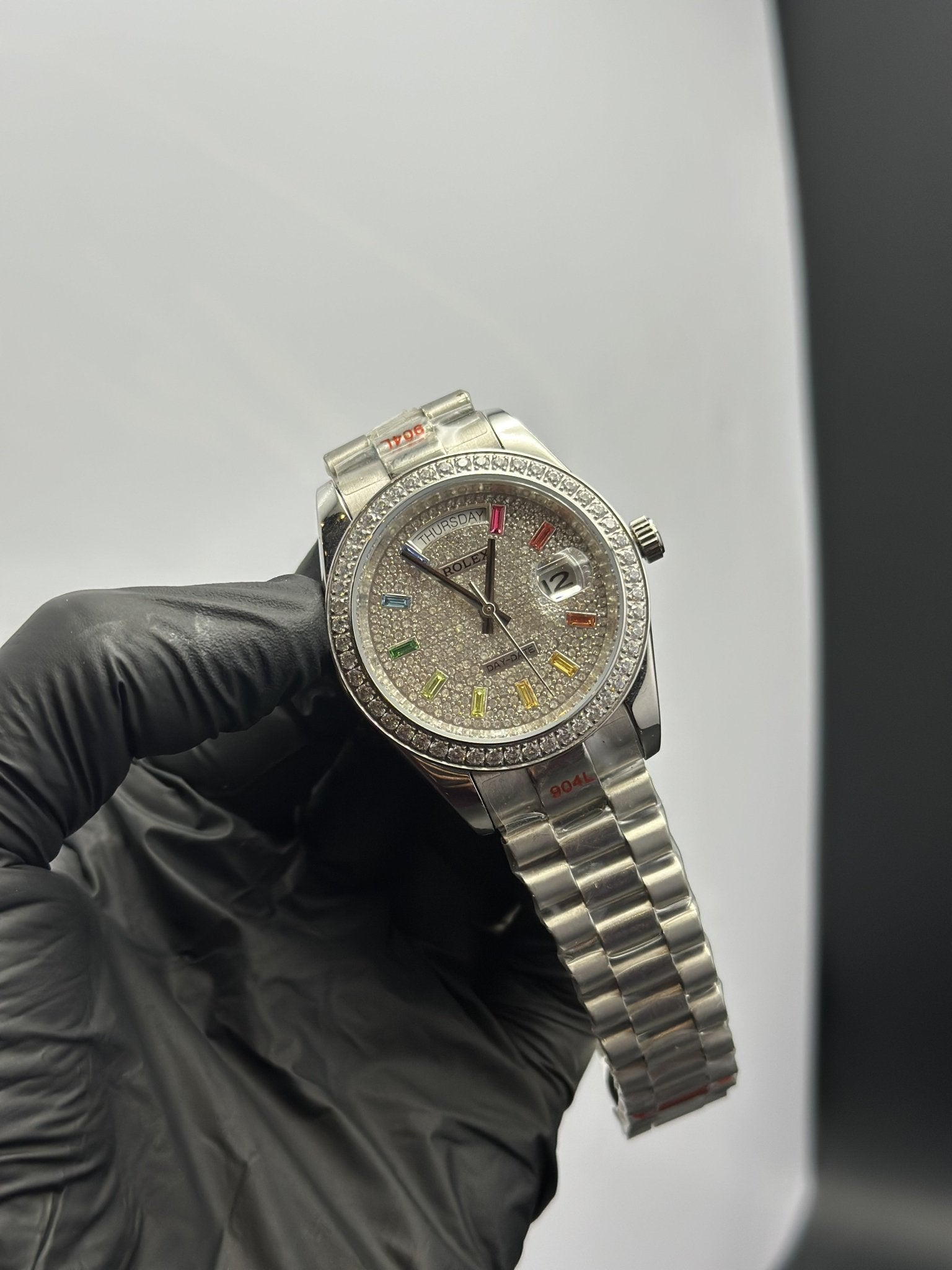 Rolex Daydate 40mm Silver Presidential Bracelet Fully Stonned Silver Stoned Dial White Stoned Bezel – men’s watch