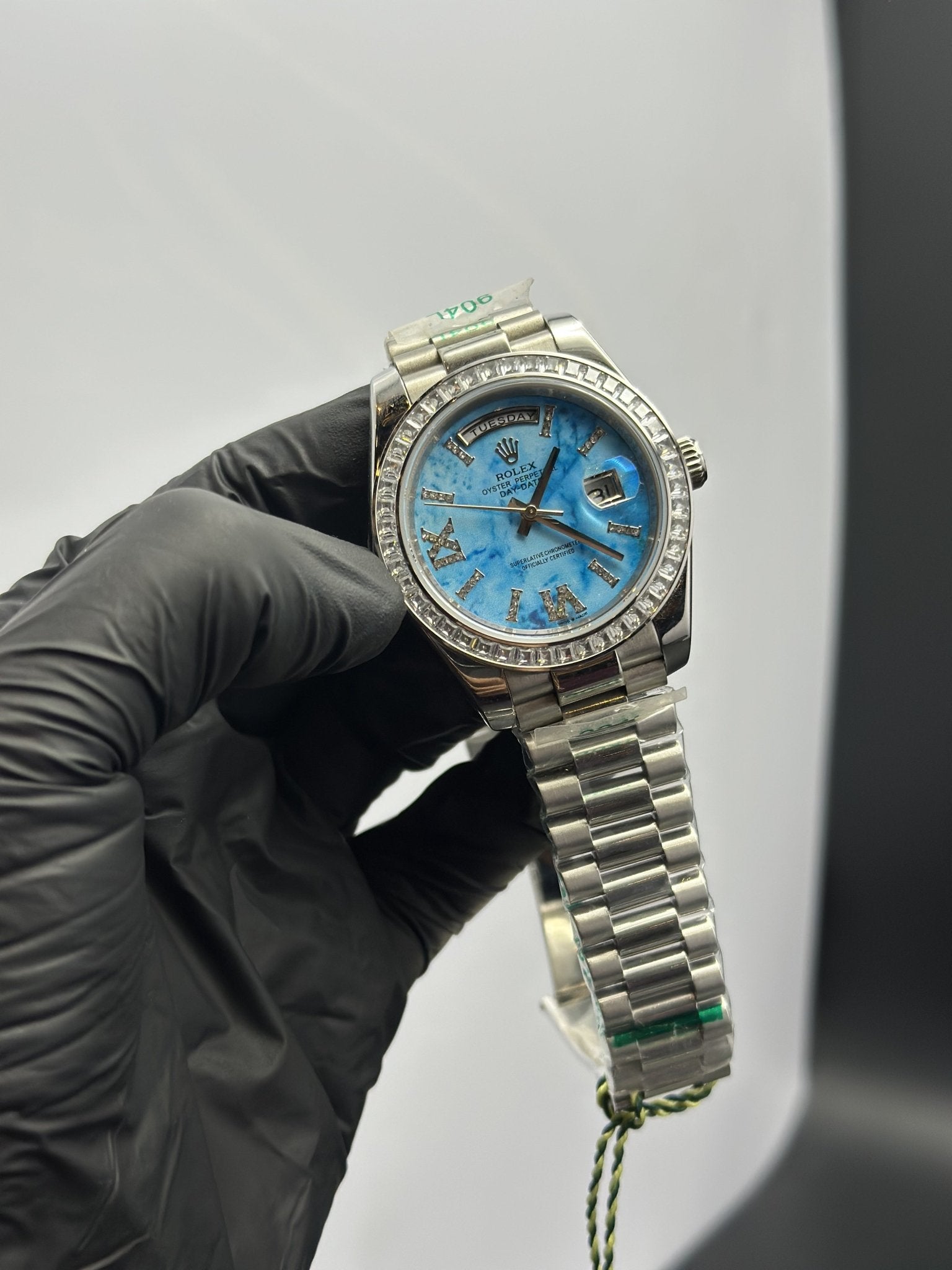 Rolex Daydate 40mm Silver Presidential Bracelet Stonned Bezel Blue Stoned Dial White Stoned Bezel – men’s watch