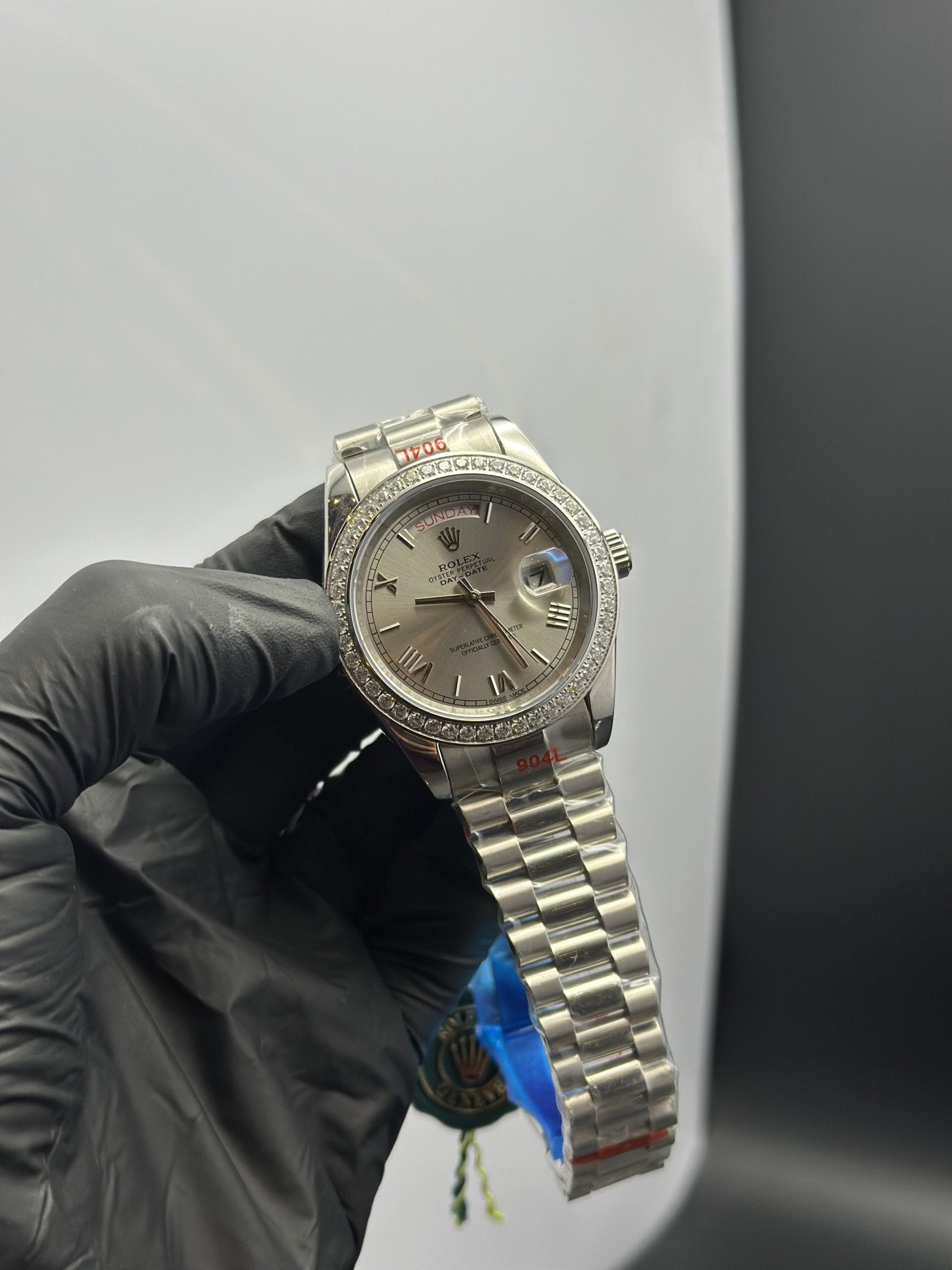 Rolex Daydate 40mm Silver Presidential Bracelet Stonned Bezel Grey Roman Dial White Stoned Bezel – men’s watch