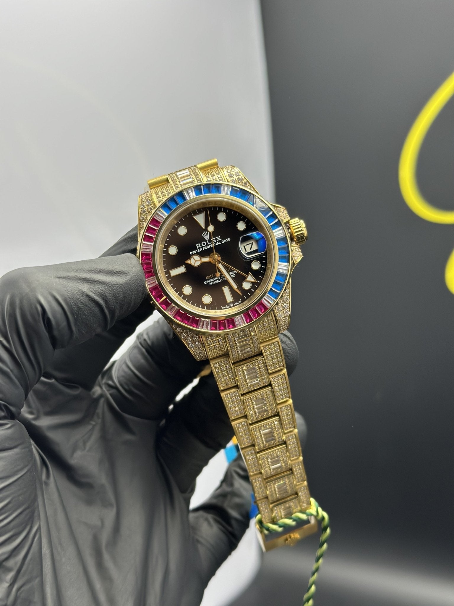 Rolex GMT Master II 40mm Stainless Steel Gold Oyster Bracelet Fully Stoned Black Dial Rainbow Stoned Bezel – men’s watch