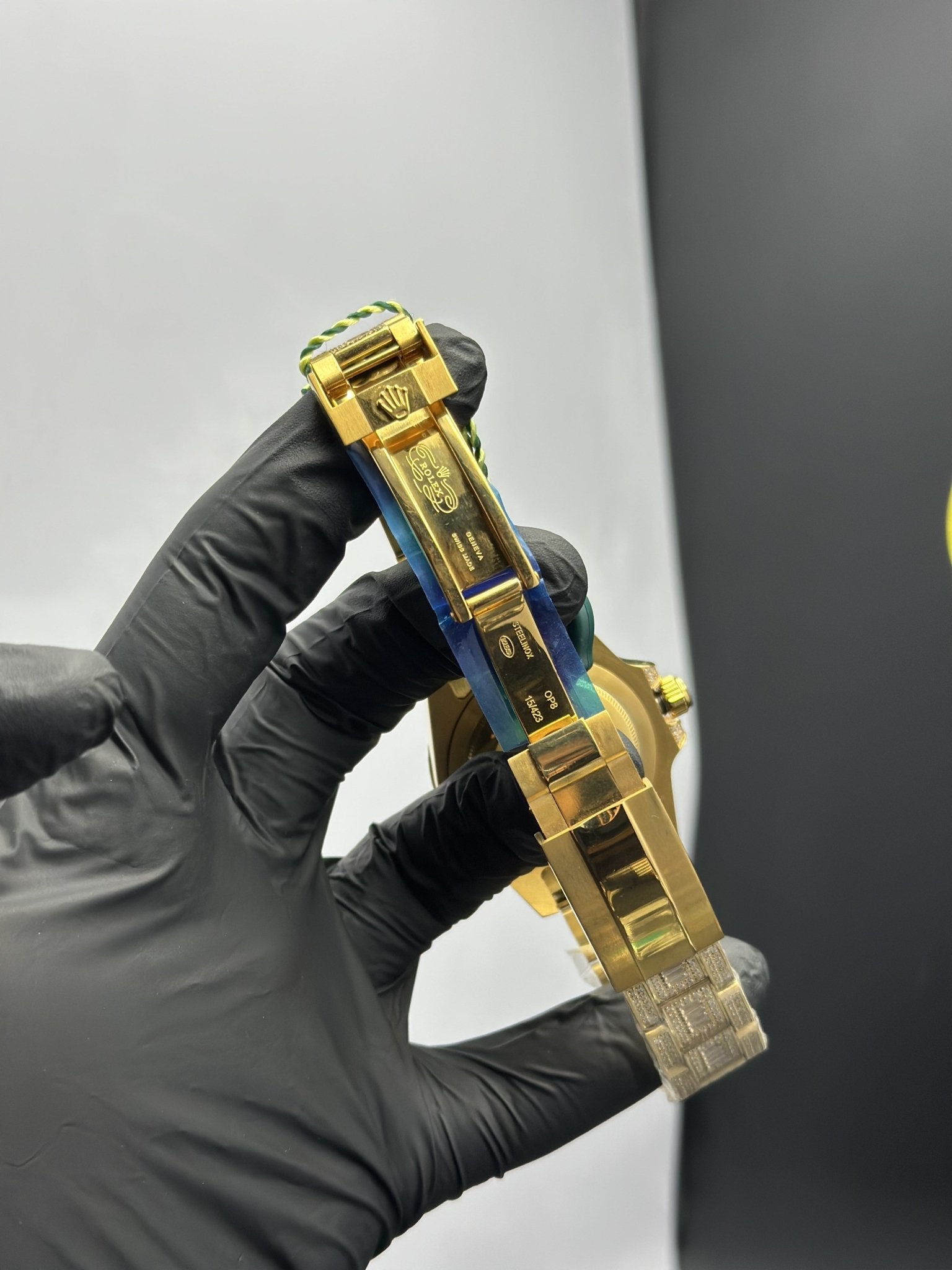 Rolex GMT Master II 40mm Stainless Steel Gold Oyster Bracelet Fully Stoned Black Dial Rainbow Stoned Bezel – men’s watch