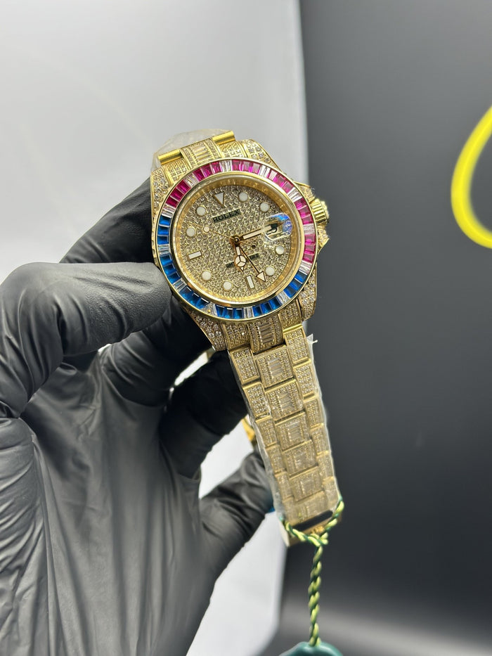 RLX GMT Master II 40mm Stainless Steel Gold Oyster Bracelet Fully Stoned Gold Stoned Dial Rainbow Stoned Bezel